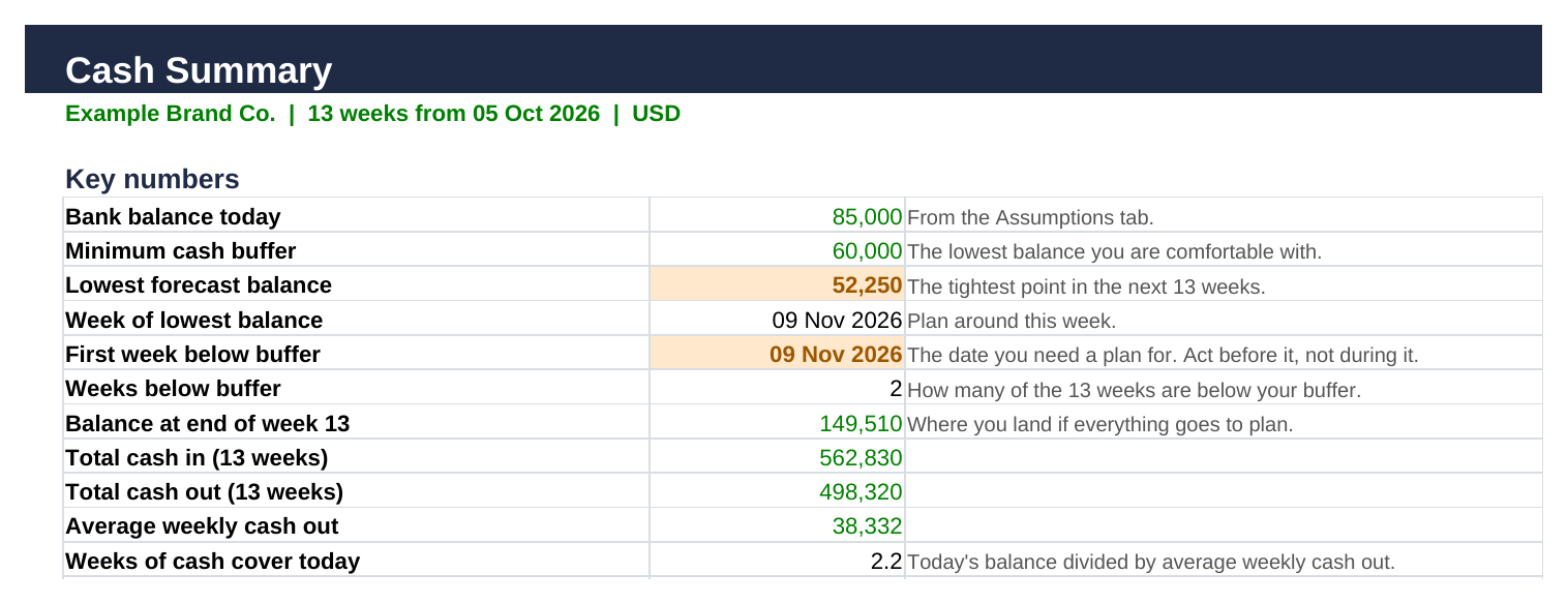 Summary tab of the 13-week cash flow template